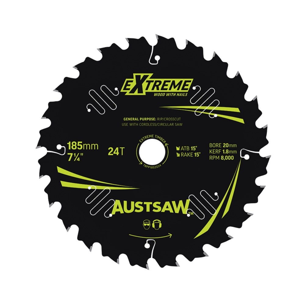AUSTSAW EXTREME WOOD W/NAILS BLADE 185MM X 20/16 BORE X 24 T THIN KERF